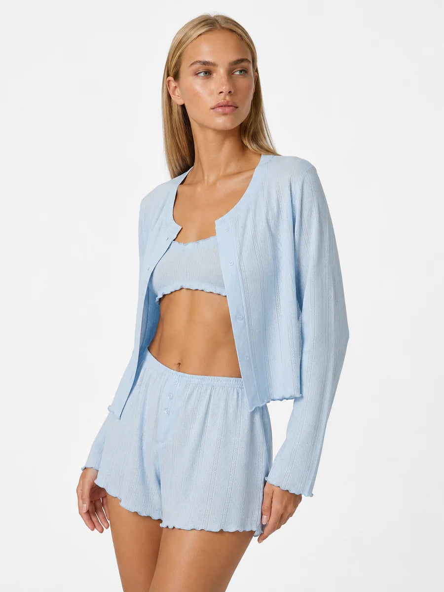 Conjunto de 3 Piezas de Punto Pointelle con Cárdigan, color azul claro