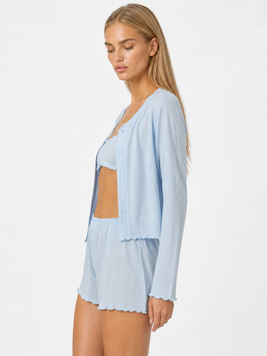 Conjunto de 3 Piezas de Punto Pointelle con Cárdigan, color azul claro