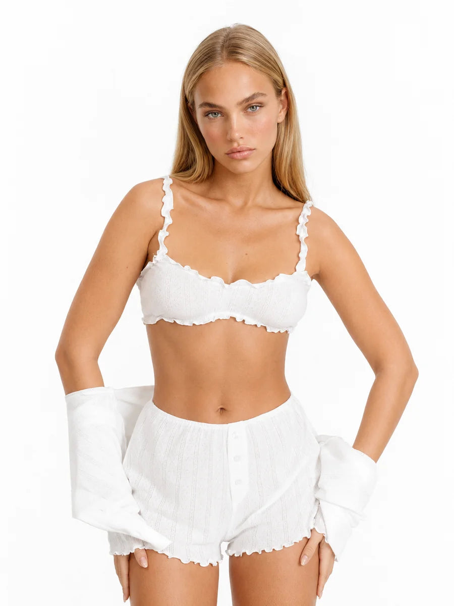 Conjunto de 3 Piezas de Punto Pointelle con Cárdigan, color blanco