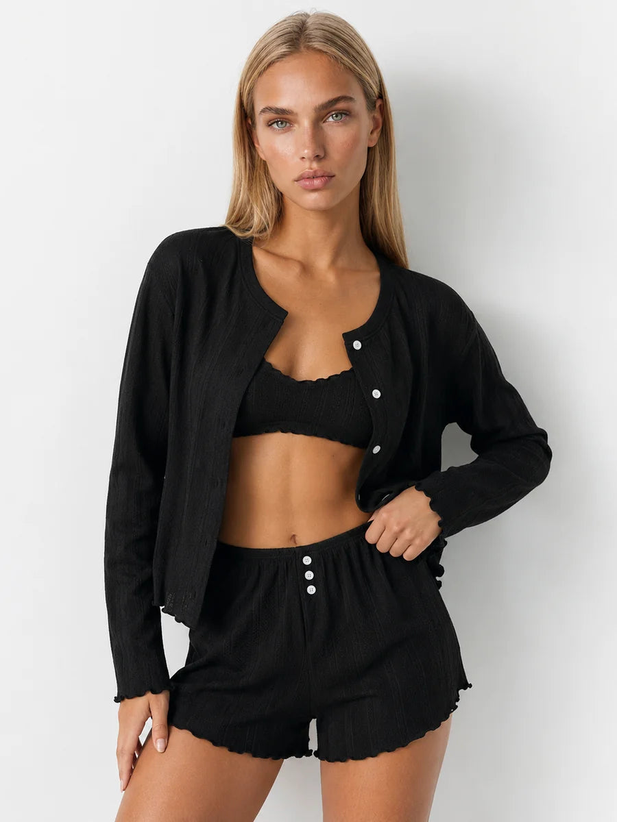 Conjunto de 3 Piezas de Punto Pointelle con Cárdigan, color negro
