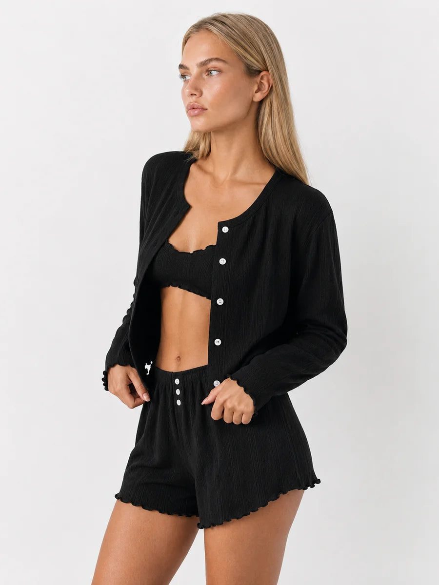 Conjunto de 3 Piezas de Punto Pointelle con Cárdigan, color negro