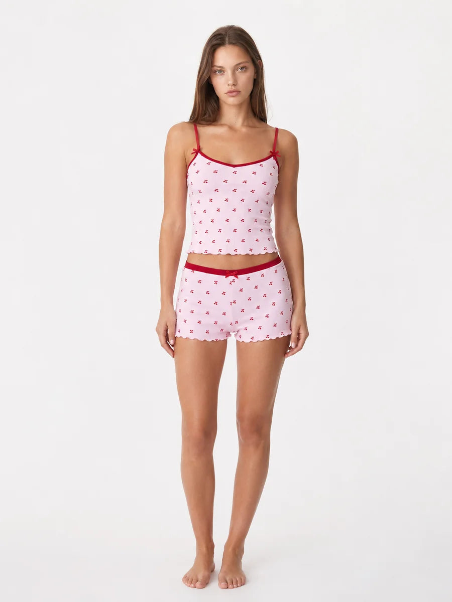 Conjunto de Pijama Acanalado con Estampado de Cerezas
