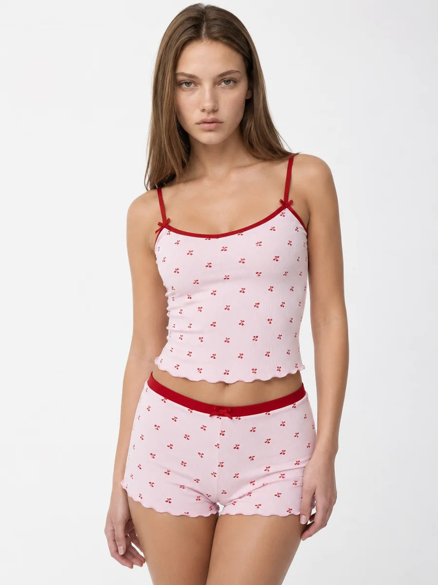 Conjunto de Pijama Acanalado con Estampado de Cerezas