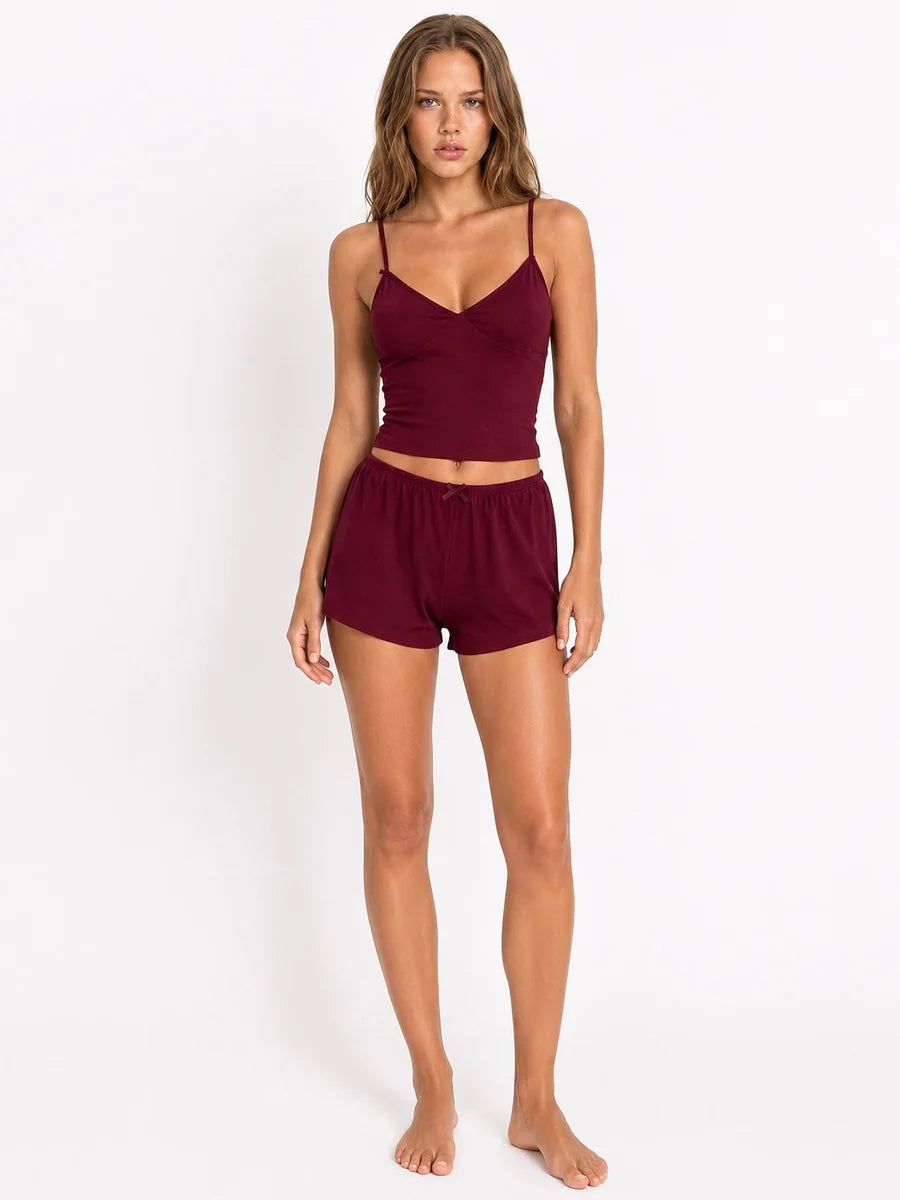 Conjunto de Pijama de Camisola con Lazos y Short, color burdeos