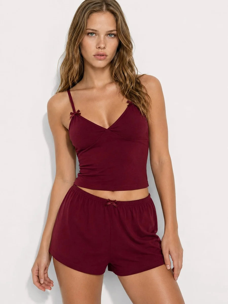 Conjunto de Pijama de Camisola con Lazos y Short, color burdeos