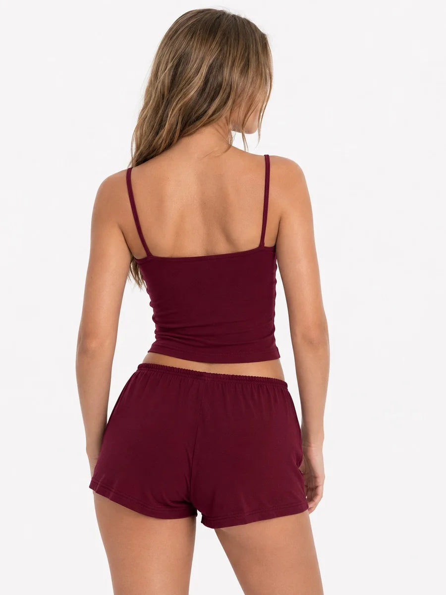 Conjunto de Pijama de Camisola con Lazos y Short, color burdeos