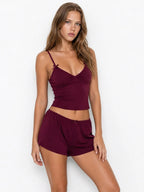 Conjunto de Pijama de Camisola con Lazos y Short, color burdeos