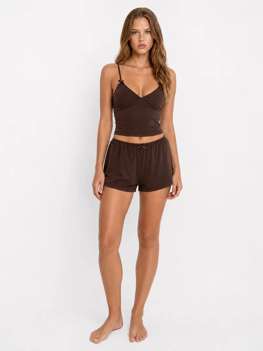 Conjunto de Pijama de Camisola con Lazos y Short, color marrón oscuro