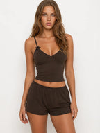 Conjunto de Pijama de Camisola con Lazos y Short, color marrón oscuro