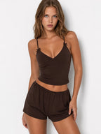 Conjunto de Pijama de Camisola con Lazos y Short, color marrón oscuro