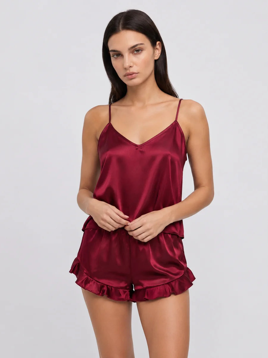 Conjunto de Pijama de Satén con Camisola y Short, color burdeos