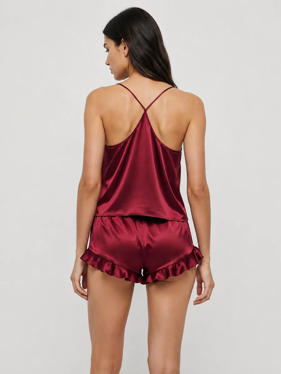 Conjunto de Pijama de Satén con Camisola y Short, color burdeos