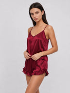 Conjunto de Pijama de Satén con Camisola y Short, color burdeos