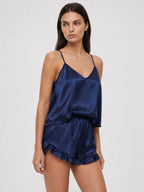 Conjunto de Pijama de Satén con Camisola y Short, color azul marino