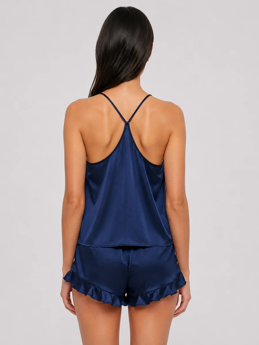 Conjunto de Pijama de Satén con Camisola y Short, color azul marino