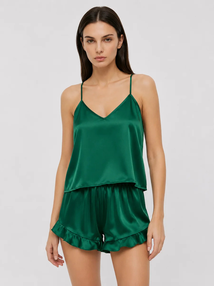 Conjunto de Pijama de Satén con Camisola y Short, color verde oscuro