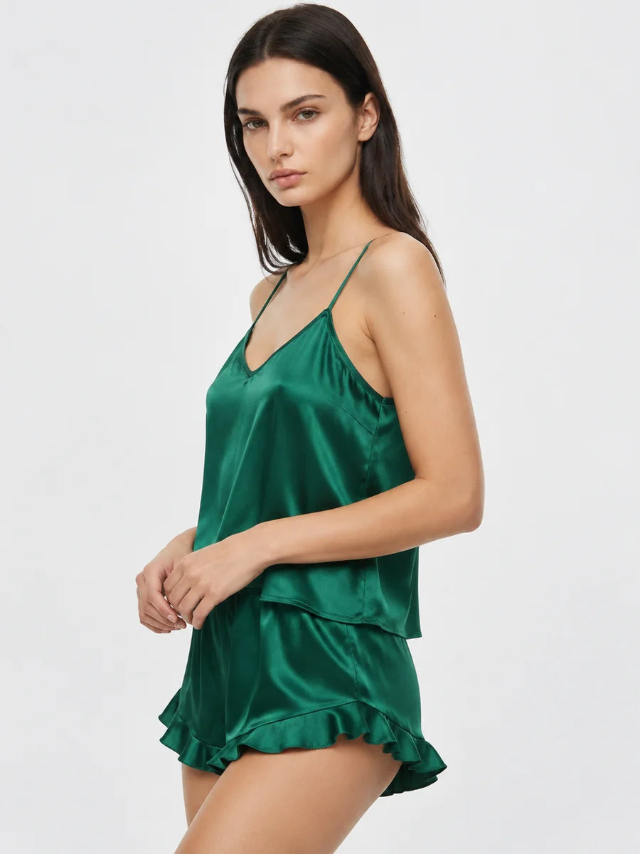 Conjunto de Pijama de Satén con Camisola y Short, color verde oscuro