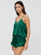 Conjunto de Pijama de Satén con Camisola y Short, color verde oscuro
