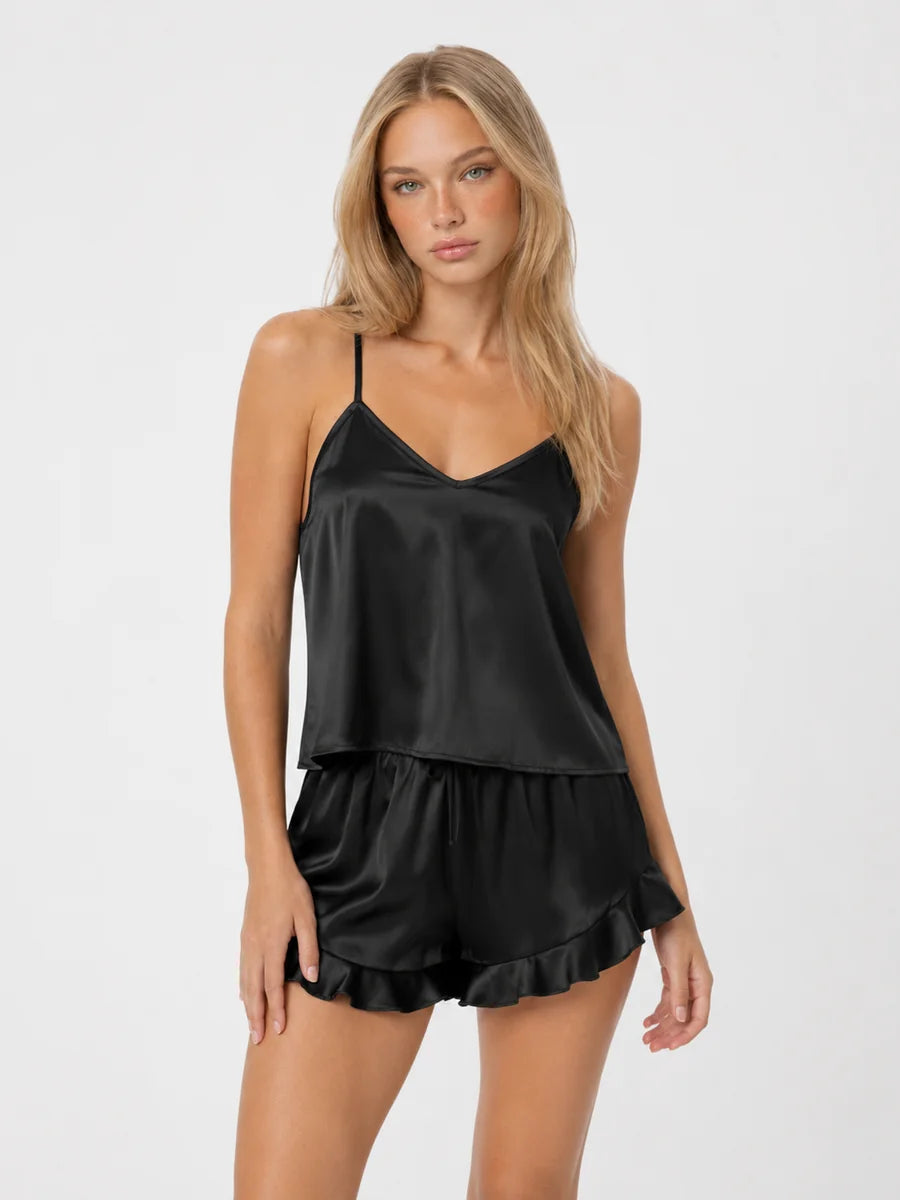 Conjunto de Pijama de Satén con Camisola y Short, color negro