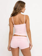 Conjunto de Pijama Suave con Camisola de Encaje y Short, color rosa suave