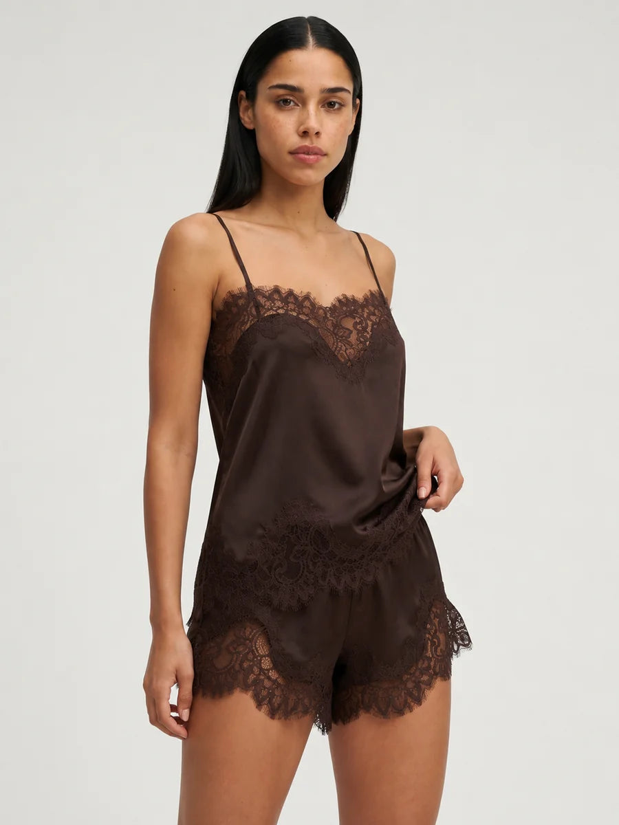 Conjunto de Pijama Ligero de Camisola con Encaje, color chocolate