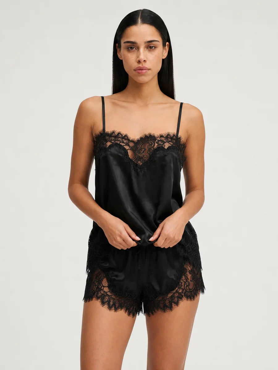 Conjunto de Pijama Ligero de Camisola con Encaje, color negro