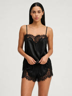 Conjunto de Pijama Ligero de Camisola con Encaje, color negro