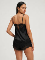Conjunto de Pijama Ligero de Camisola con Encaje, color negro