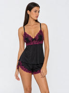 Conjunto de Pijama de Camisola y Short con Encaje Floral, color negro