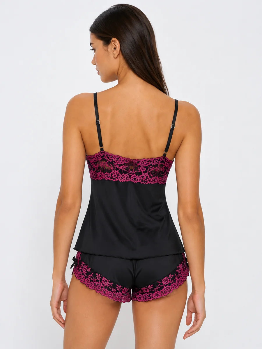 Conjunto de Pijama de Camisola y Short con Encaje Floral, color negro