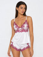 Conjunto de Pijama de Camisola y Short con Encaje Floral, color blanco