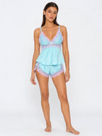 Conjunto de Pijama de Camisola y Short con Encaje Floral, color celeste
