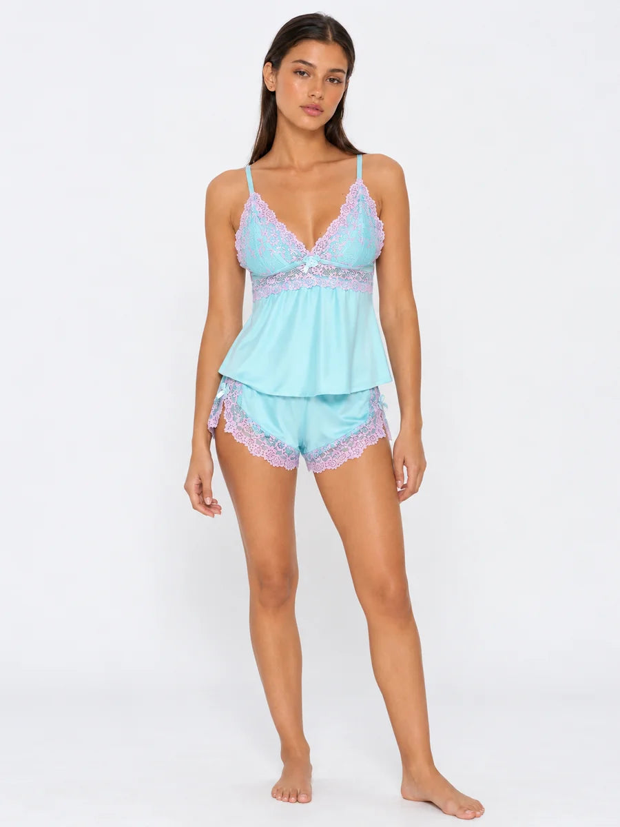 Conjunto de Pijama de Camisola y Short con Encaje Floral, color celeste