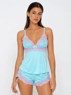 Conjunto de Pijama de Camisola y Short con Encaje Floral, color celeste