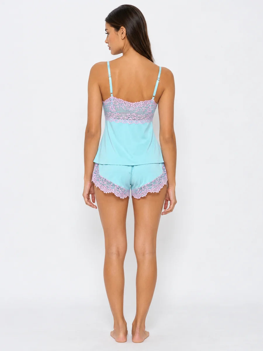 Conjunto de Pijama de Camisola y Short con Encaje Floral, color celeste