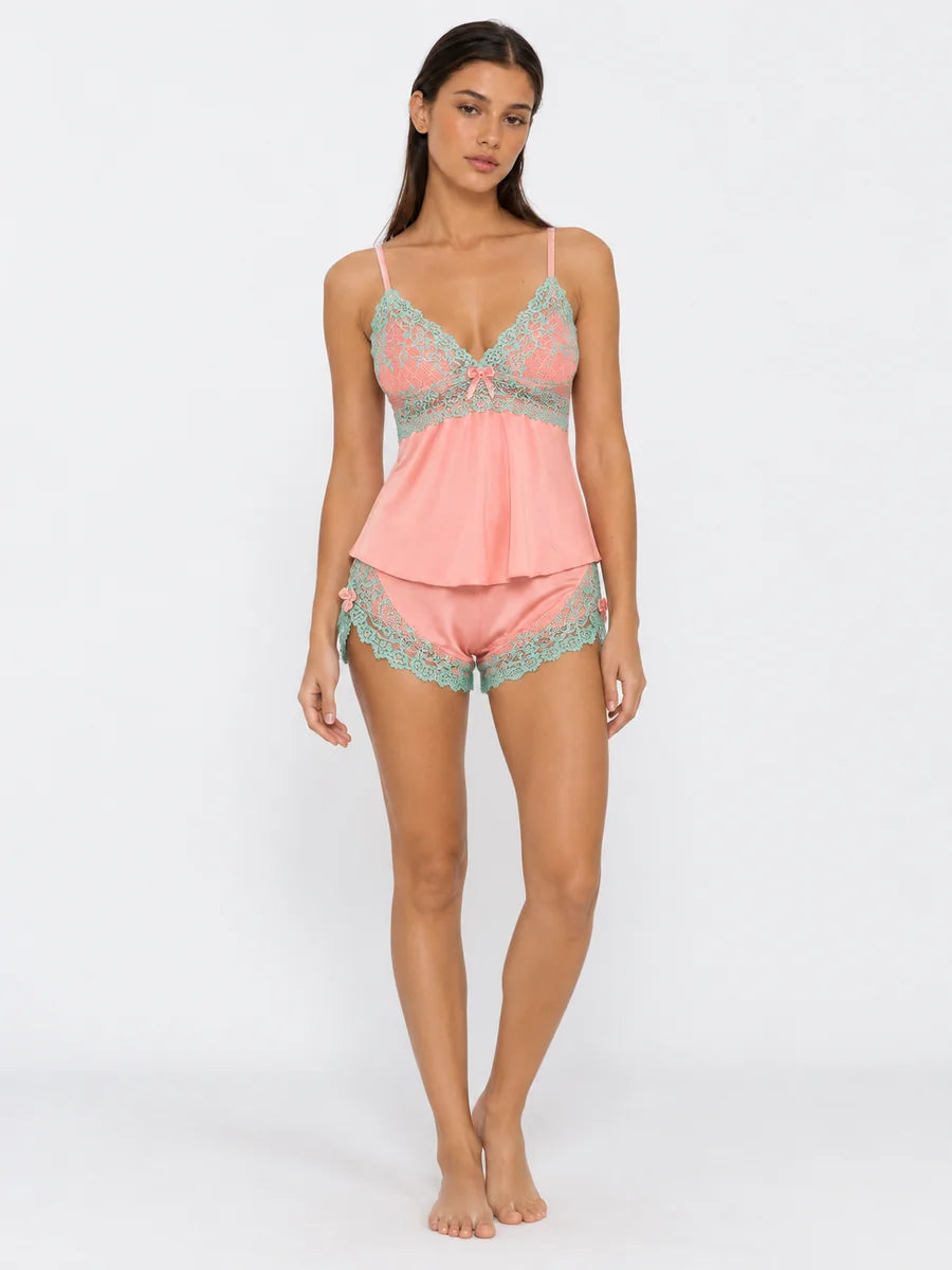Conjunto de Pijama de Camisola y Short con Encaje Floral, color durazno