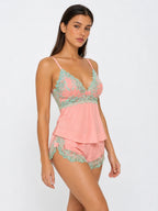 Conjunto de Pijama de Camisola y Short con Encaje Floral, color durazno