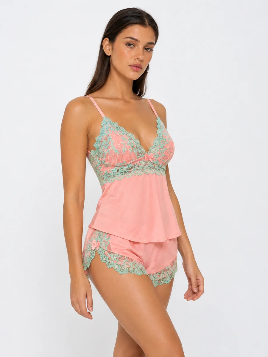Conjunto de Pijama de Camisola y Short con Encaje Floral, color durazno