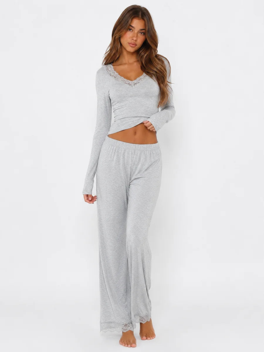 Conjunto de Pijama de Manga Larga y Pantalón Ancho con Encaje