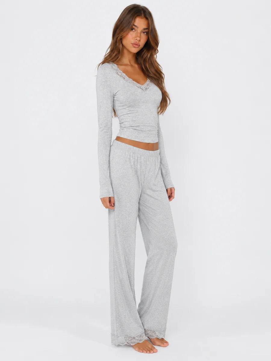 Conjunto de Pijama de Manga Larga y Pantalón Ancho con Encaje