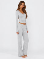 Conjunto de Pijama de Manga Larga y Pantalón Ancho con Encaje