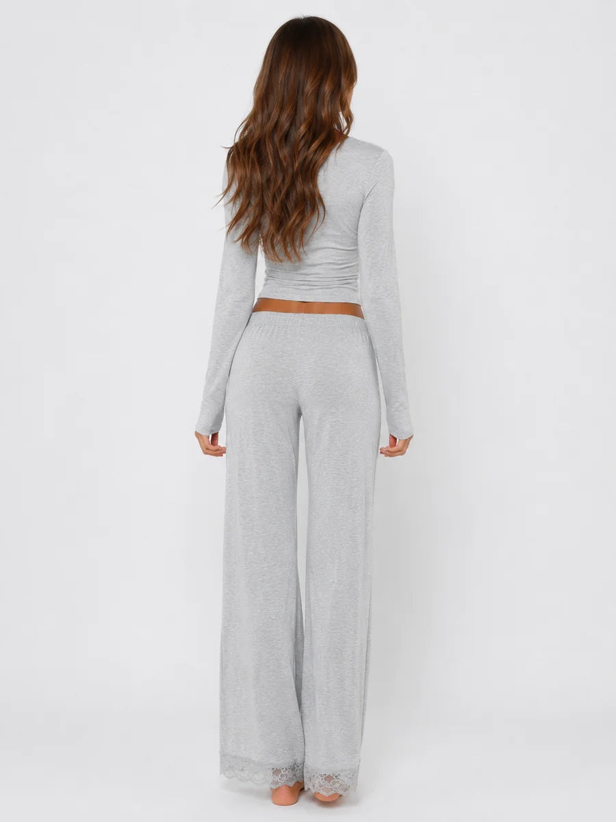Conjunto de Pijama de Manga Larga y Pantalón Ancho con Encaje