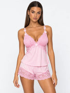 Conjunto de Pijama con Encaje Floral y Flores 3D, color rosa suave