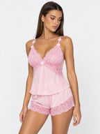 Conjunto de Pijama con Encaje Floral y Flores 3D, color rosa suave