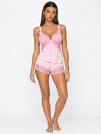 Conjunto de Pijama con Encaje Floral y Flores 3D, color rosa suave