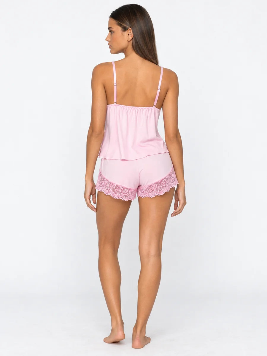 Conjunto de Pijama con Encaje Floral y Flores 3D, color rosa suave
