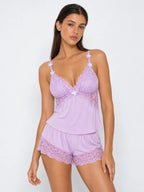 Conjunto de Pijama con Encaje Floral y Flores 3D, color lila