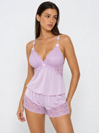Conjunto de Pijama con Encaje Floral y Flores 3D, color lila