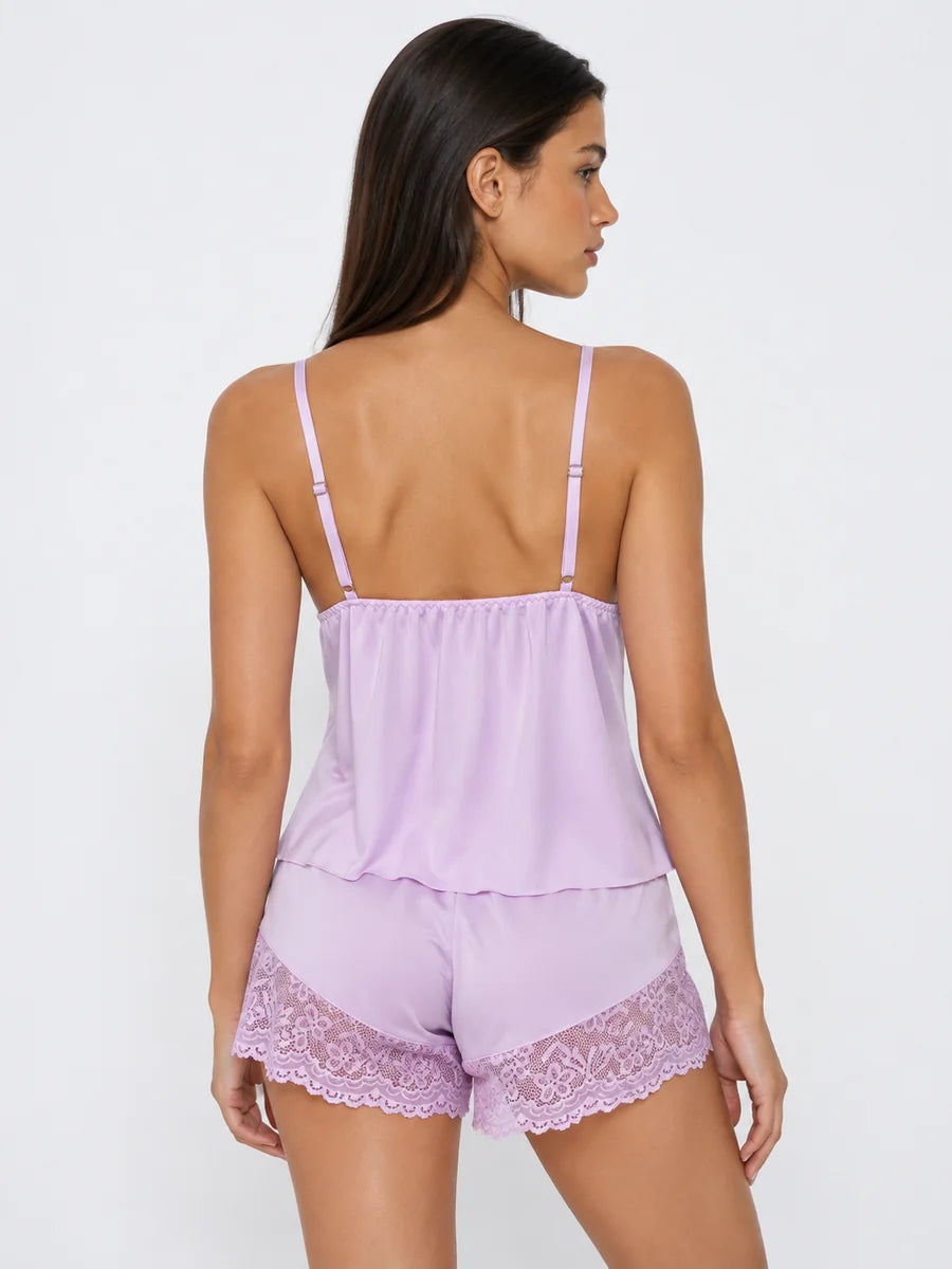 Conjunto de Pijama con Encaje Floral y Flores 3D, color lila