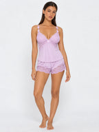 Conjunto de Pijama con Encaje Floral y Flores 3D, color lila